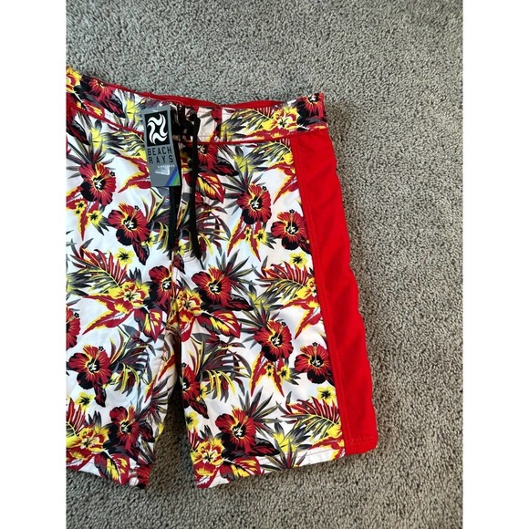 NEW Beach Rays Swim Trunks Mens Small Red Hawaiian Hibiscus Flower Bathing Suit - Picture 1 of 10